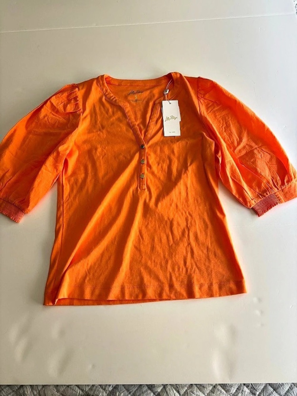 Lilly Pulitzer Ronson Knit Top Sunset Orange Puff Sleeve Henley NWT - Small